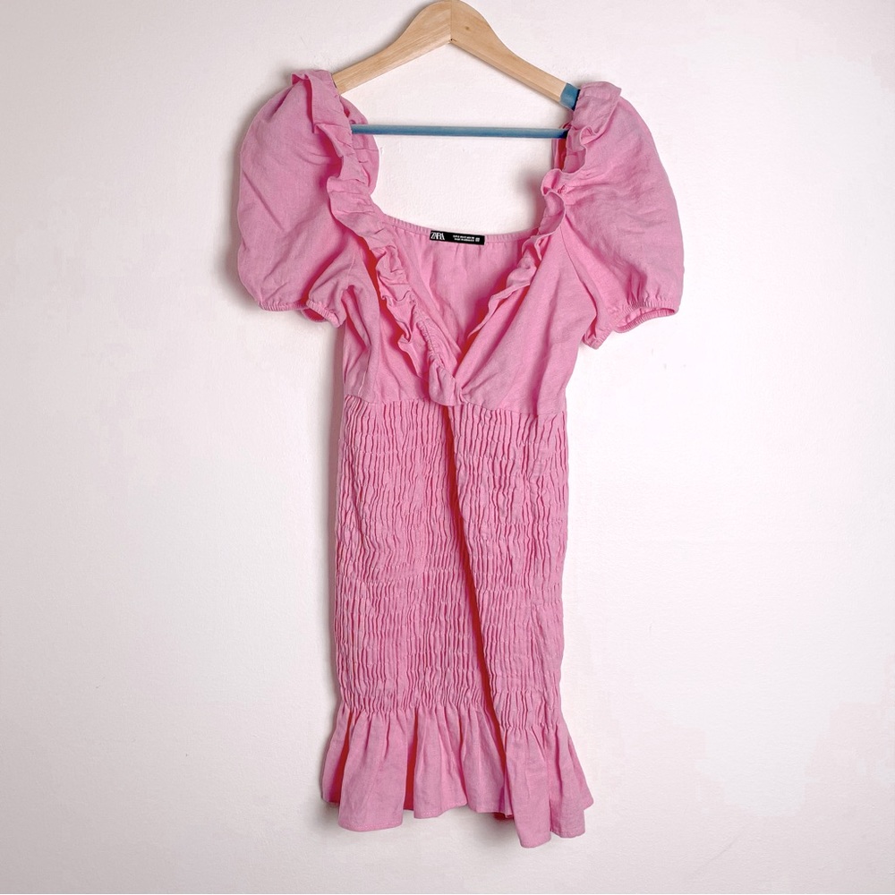 ZARA Dress Linen blend Puff Sleeves Ruched mini Pink